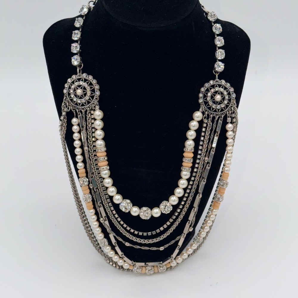 LK Leetal Kalmanson Multi Strand Necklace Womens Silver Pearl Crystal Statement